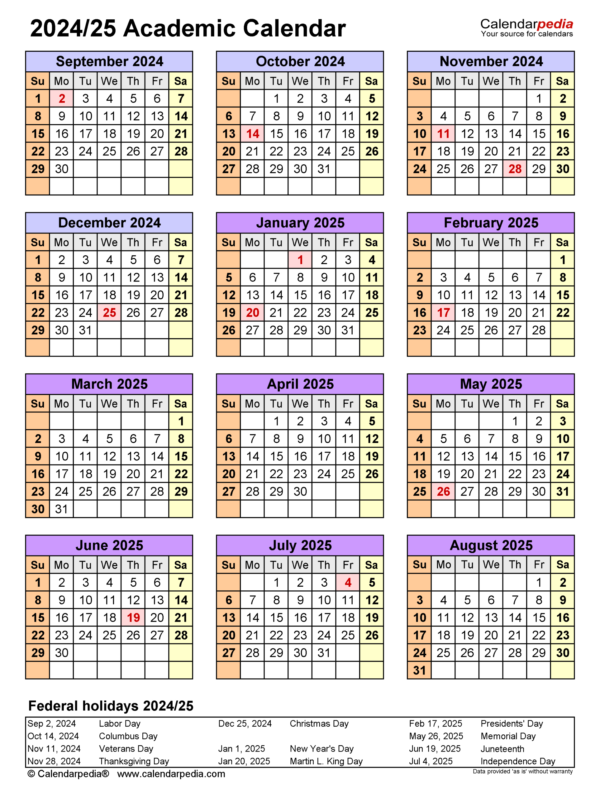 Academic Calendars 2024/2025 - Free Printable Pdf Templates intended for Asu Calendar 2025-2026 Printable