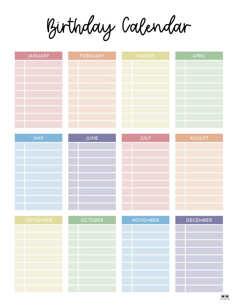 Birthday Calendars &amp;amp; Trackers - 20 Free Printables | Printabulls for Birthday Calendar 2025 Printable