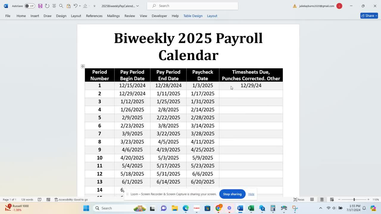 Biweekly Payroll Calendar 2025 | Ms Editable Word, Excel | Pay Period Start &amp;amp; End Date | Paycheck Schedule | Employee Compensation in Printable Bi Weekly Calendar 2025