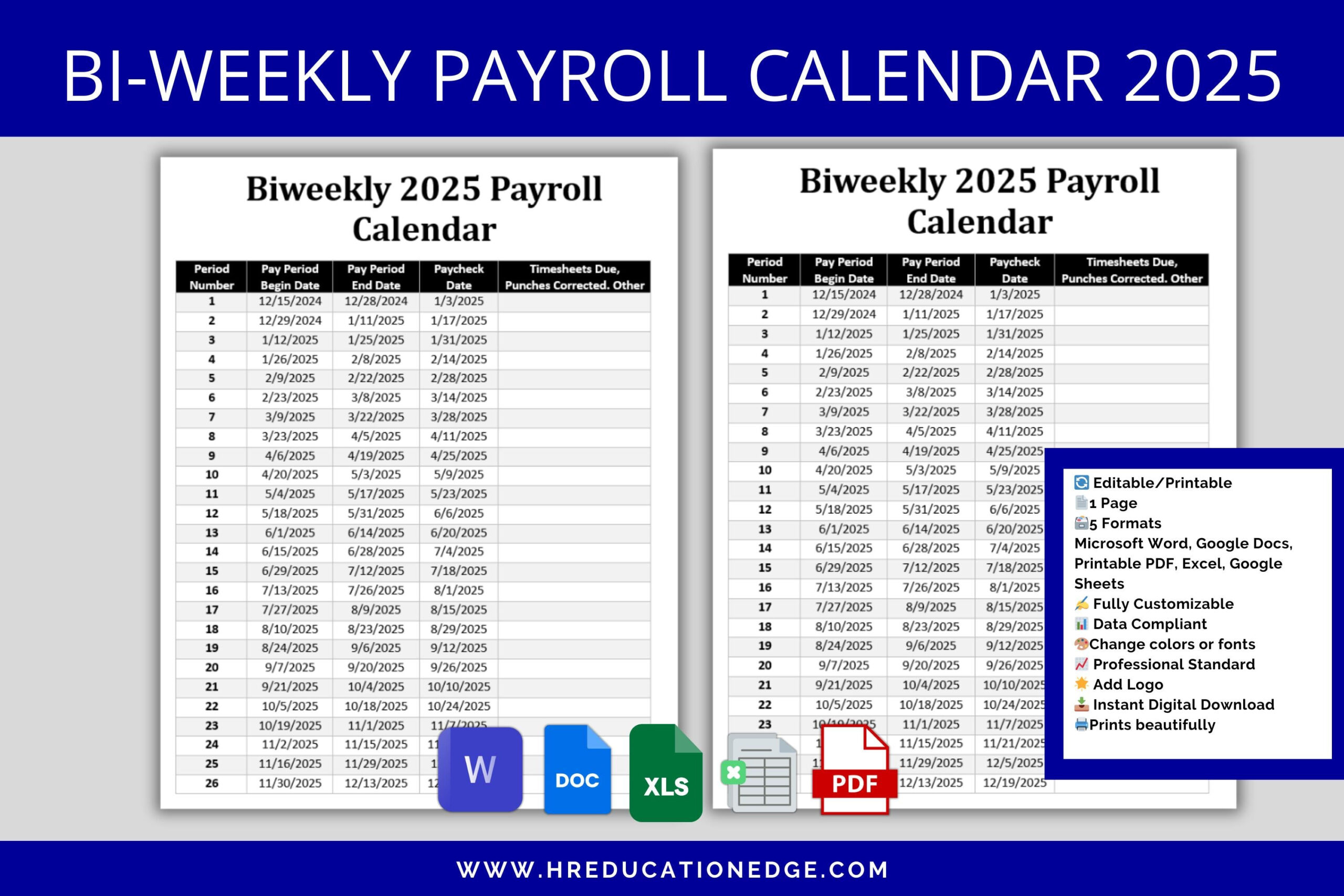 Biweekly Payroll Calendar 2025 Ms Editable Word, Excel Pay Period with regard to Printable Bi Weekly Calendar 2025