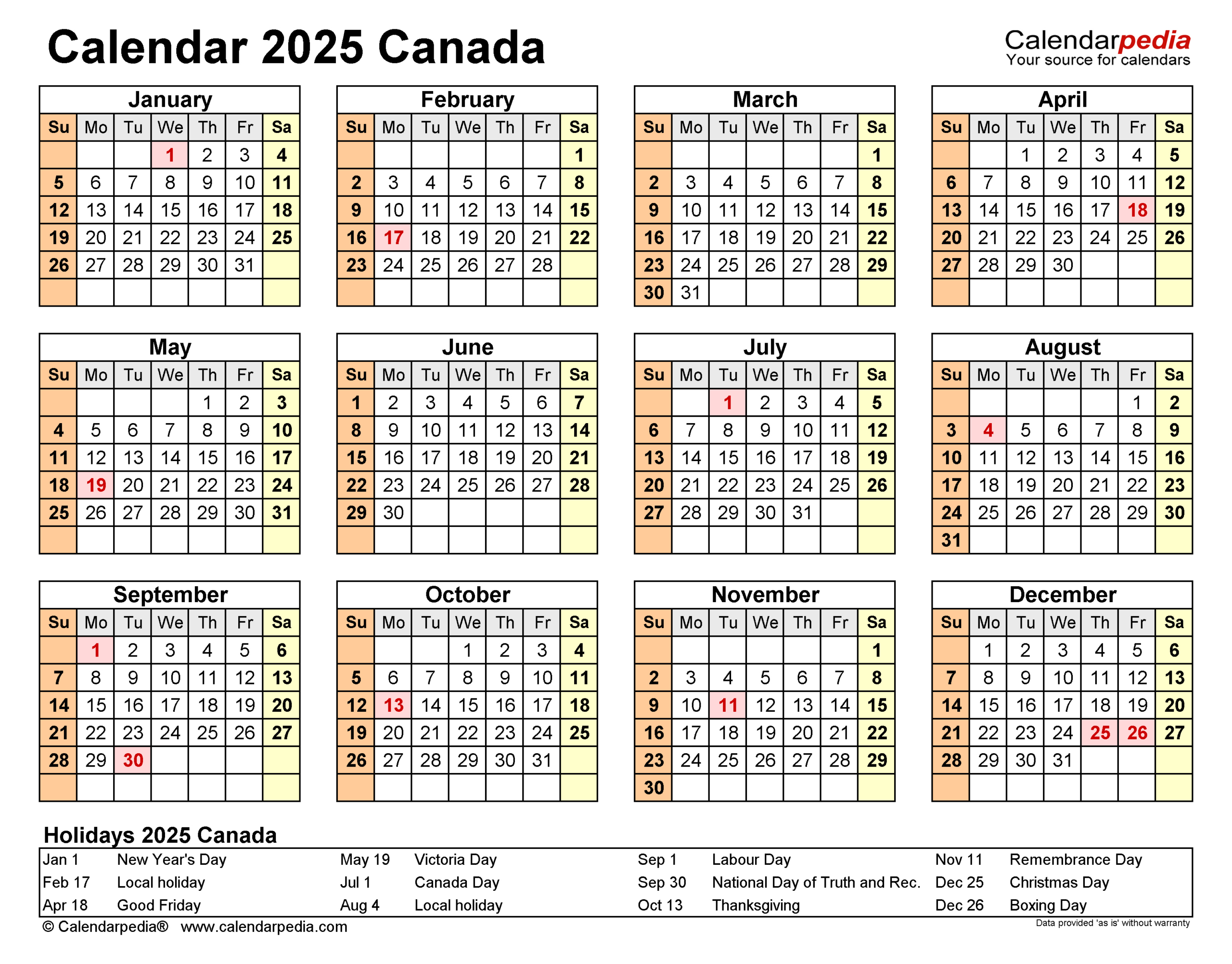 Canada Calendar 2025 - Free Printable Pdf Templates for 2025 Calendar Canada with Holidays Printable