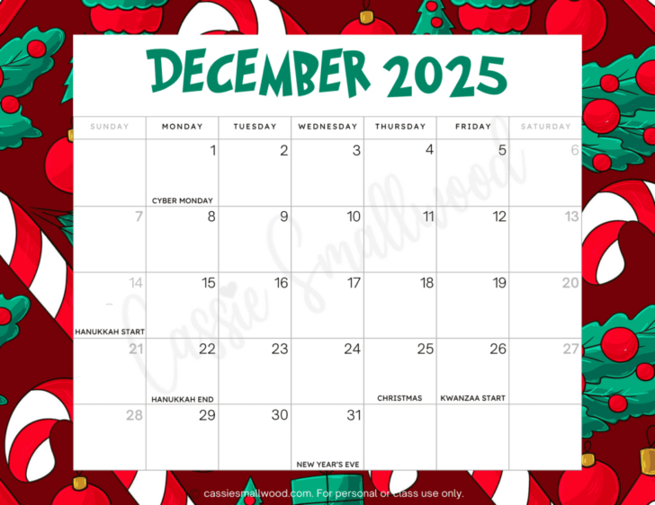 Free Christmas Calendar 2025 Printable