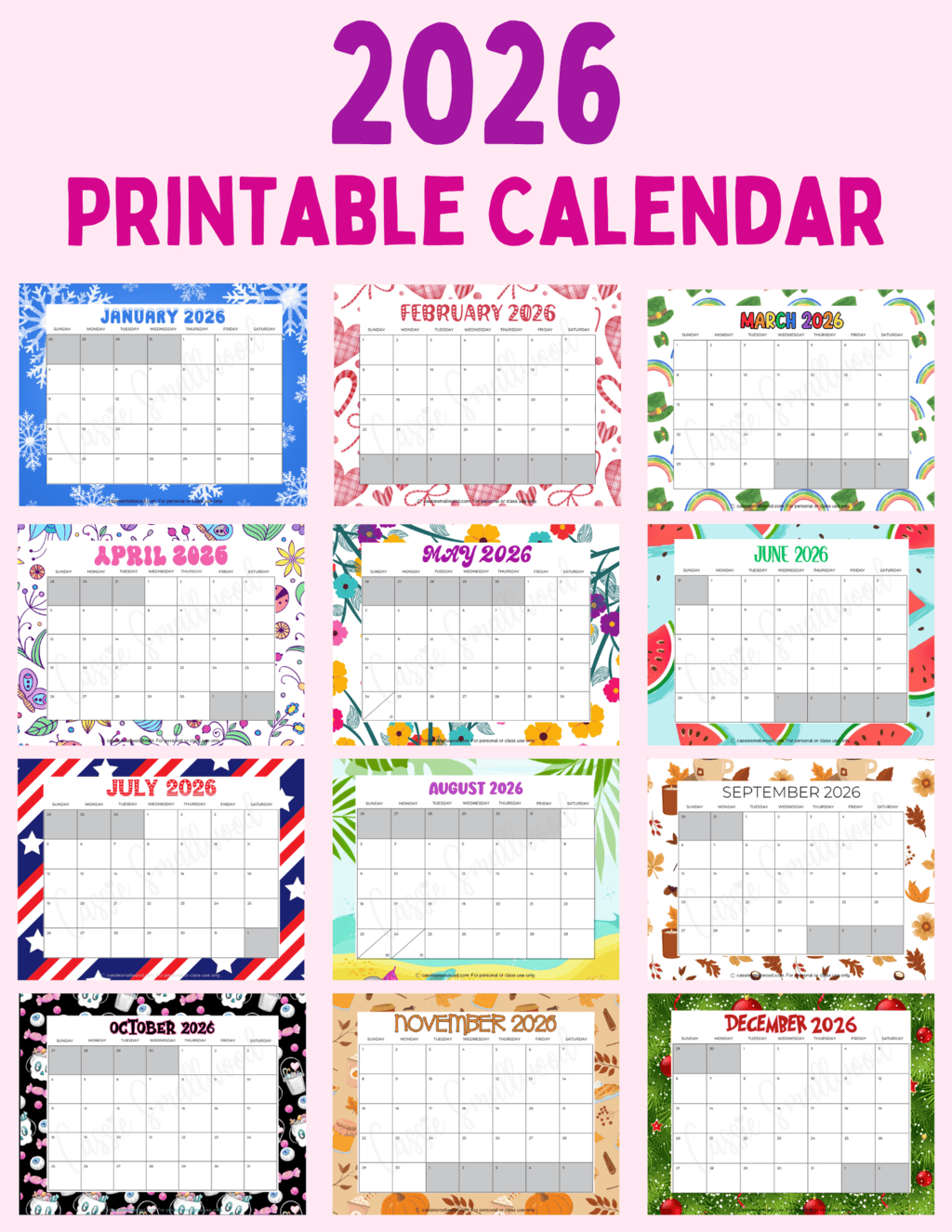 Cute Free Printable 2026 Monthly Calendar - Cassie Smallwood regarding 2026 Monthly Calendar Printable Free