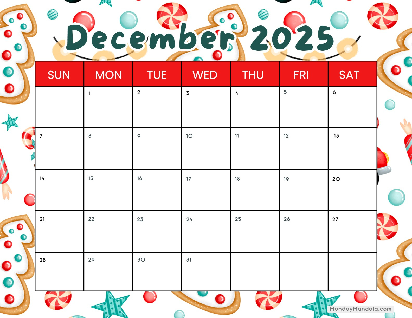 December 2025 Calendar (52 Free Pdf Printables) with Free Christmas Calendar 2025 Printable