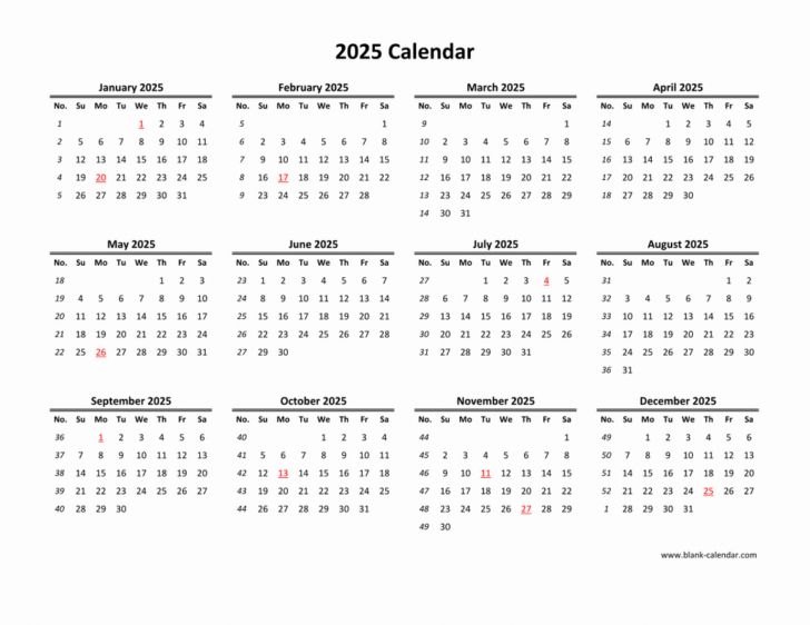 2025 12 Month Calendar on One Page Printable