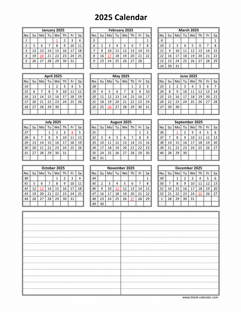 Download Blank Calendar 2025 With Space For Notes (12 Months On with regard to 2025 12 Month Calendar On One Page Printable