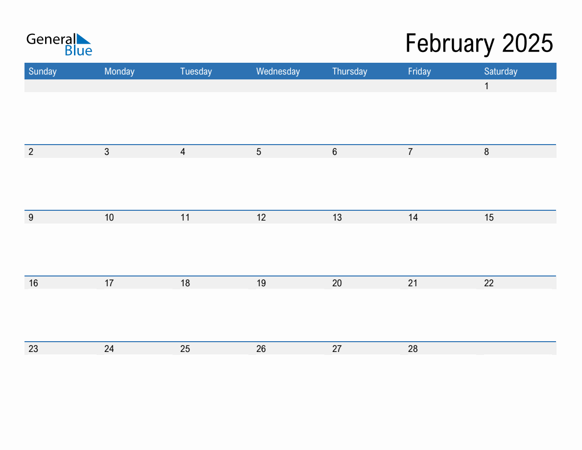 February 2025 Monthly Calendar (Pdf, Word, Excel) for 2025 Calendar Printable General Blue