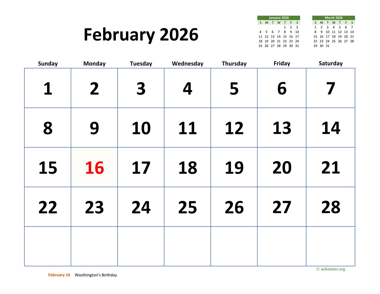 February 2026 Calendar With Extra-Large Dates | Wikidates with February 2026 Calendar Printable