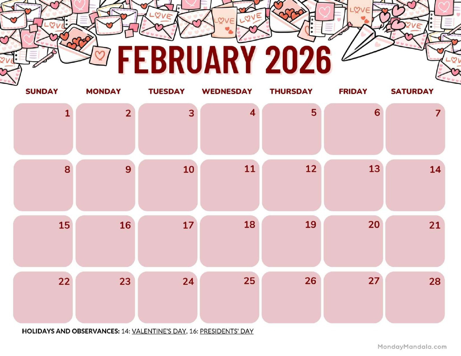 February 2026 Calendars (Free Pdf Printables) pertaining to February 2026 Calendar Printable