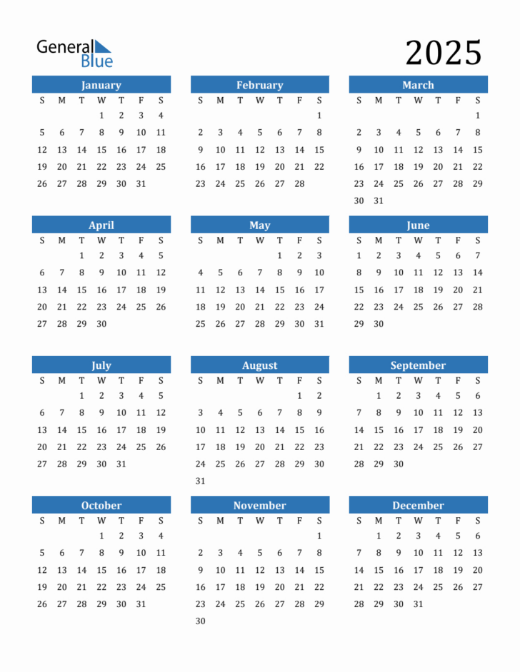 2025 at a Glance Calendar Printable