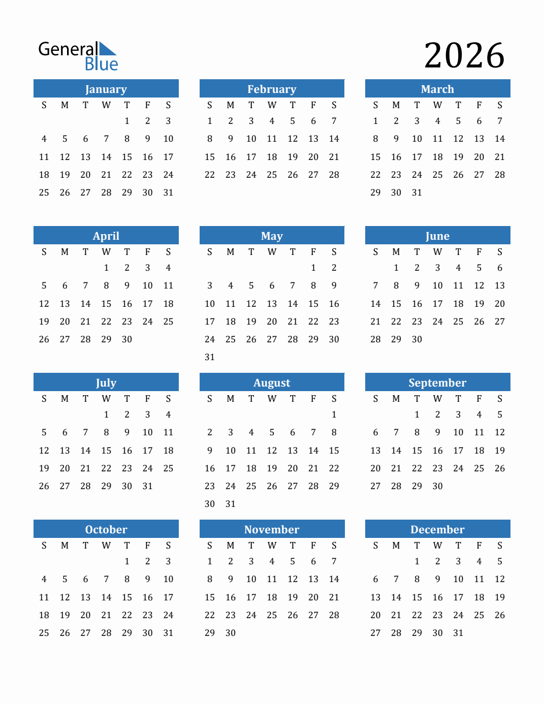 Free 2026 Calendars In Pdf, Word, Excel inside 2026 Calendar at a Glance Printable