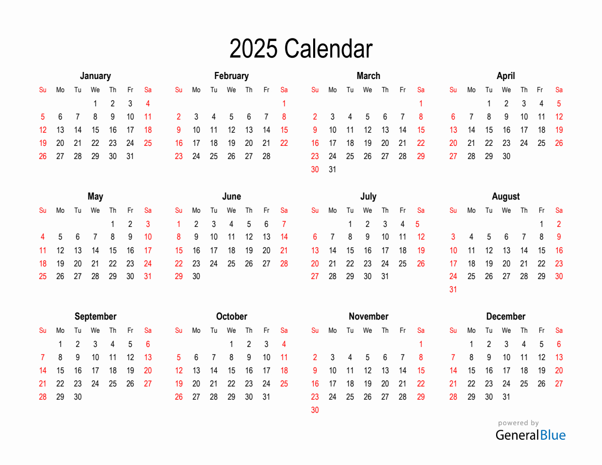 Free Calendar For 2025 for 2025 Calendar Printable General Blue