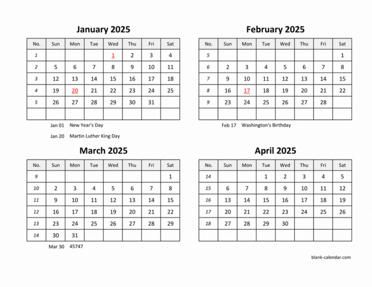 Printable Four Month Calendar 2025