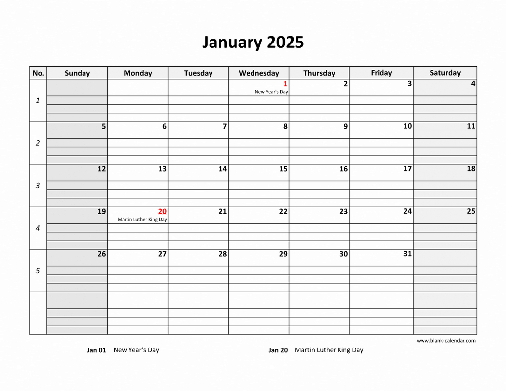 Free Download Printable Calendar 2025, Large Box Grid, Space For Notes in Printable Calendar With Lines 2025