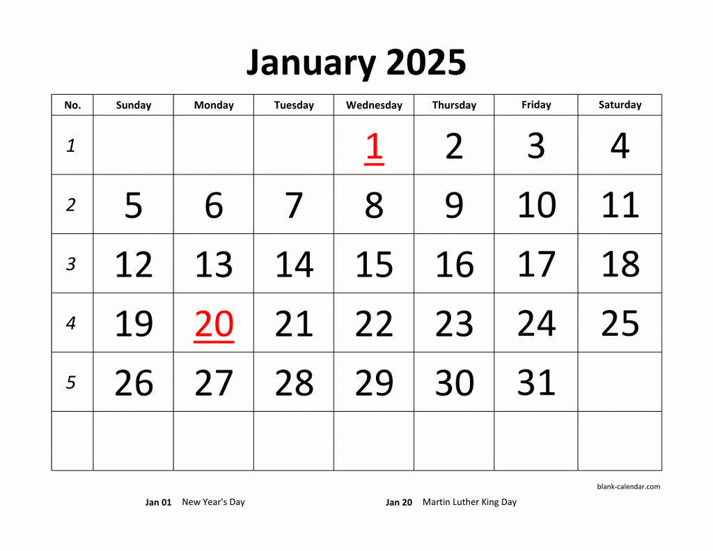 Free Download Printable Calendar 2025, Large Font Design in Large Printable Calendar 2025