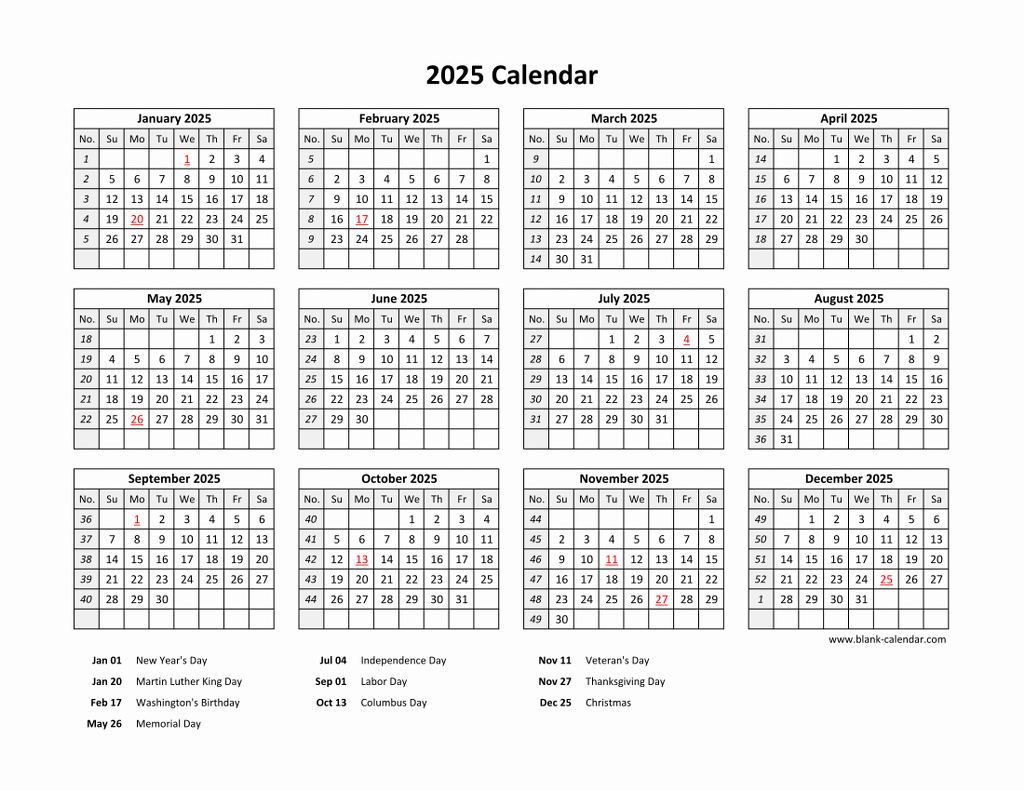 Free Download Printable Calendar 2025 With Us Federal Holidays for 2025 Calendar With Holidays Usa Printable Free