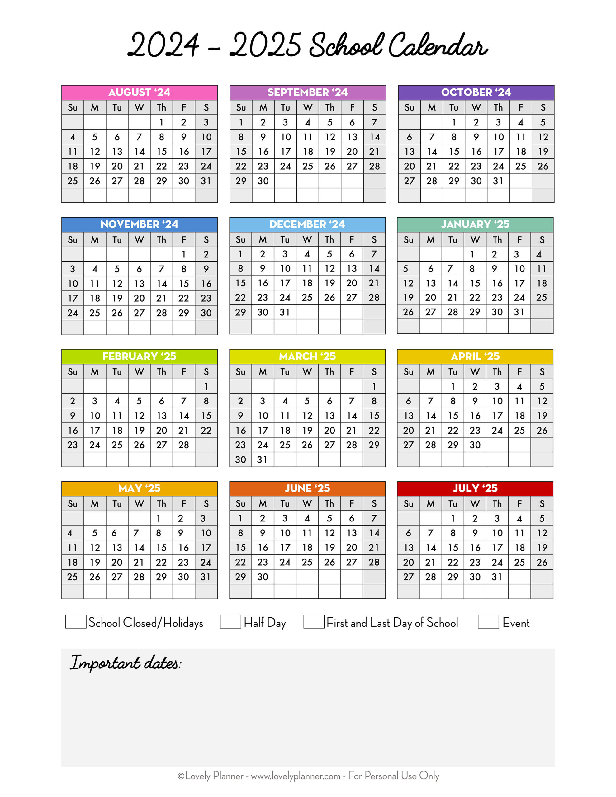 Free Printable 2024-2025 School Calendar - One Page Academic in 20254 Free Printable Calendar