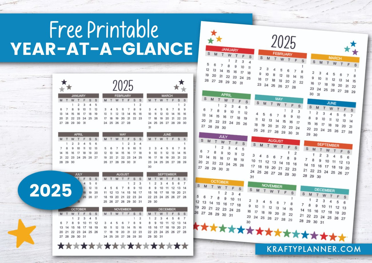 Free Printable 2025 Year-At-A-Glance — Krafty Planner within 2025 At A Glance Calendar Printable