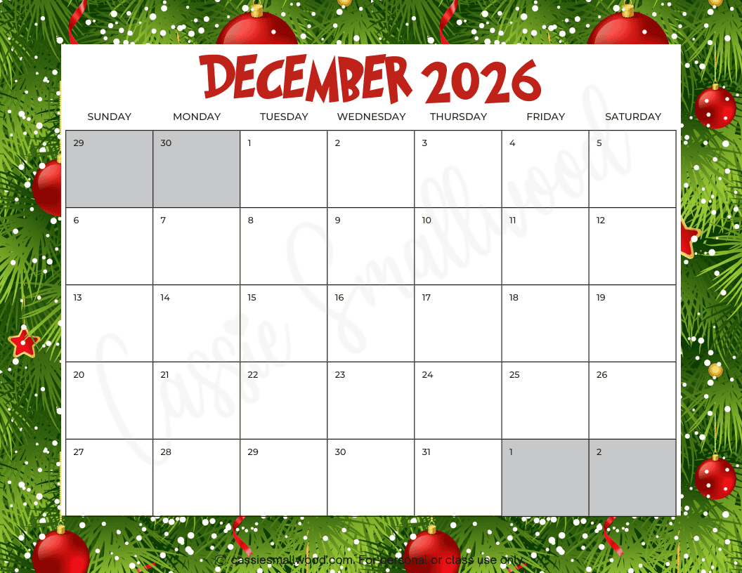 Free Printable 2026 December Calendar - Cassie Smallwood intended for 2026 Monthly Calendar Printable Free