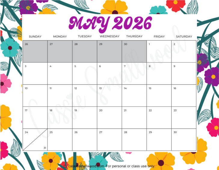 Free Printable 2026 Monthly Calendar