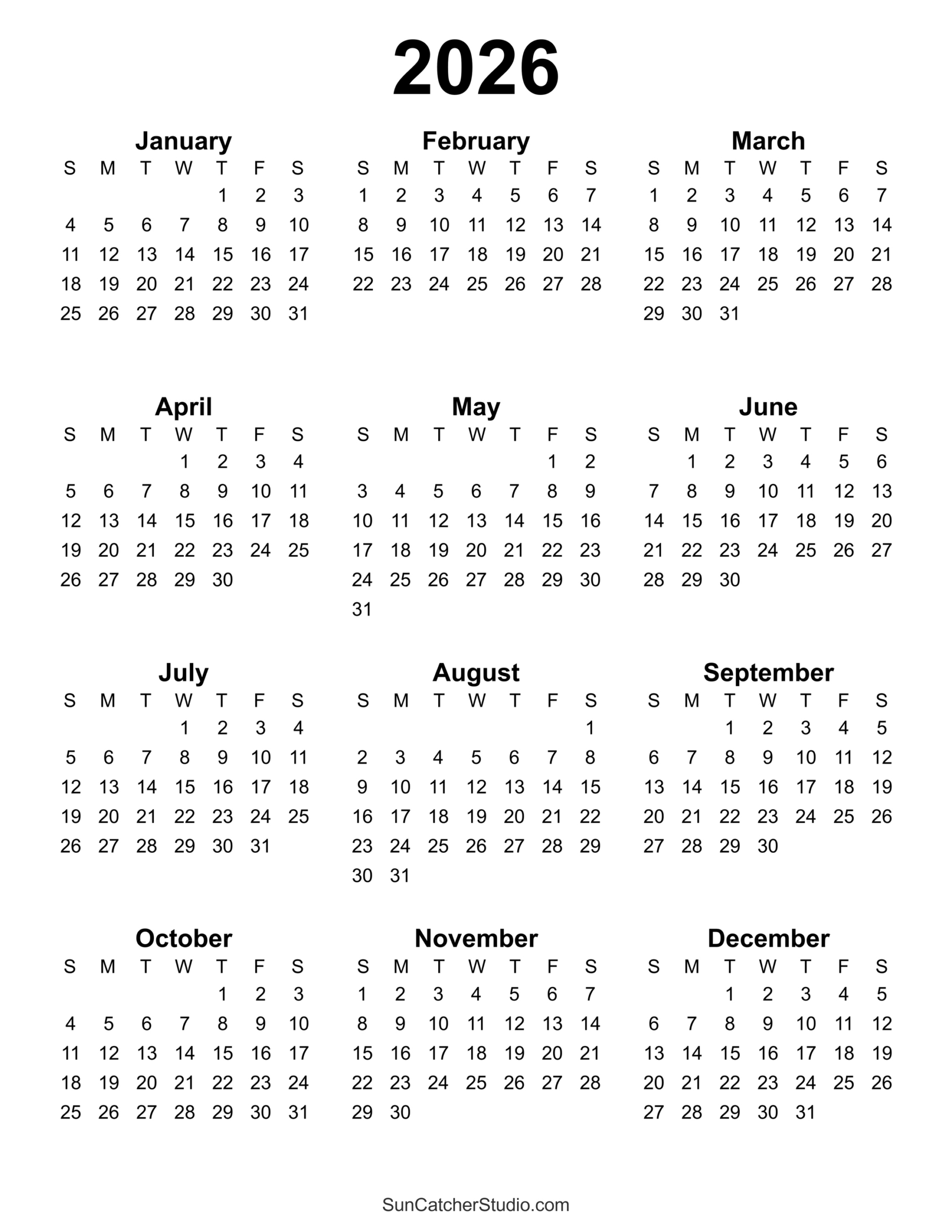 Free Printable 2026 Yearly Calendar – Diy Projects, Patterns regarding 2026 Free Calendar Printable