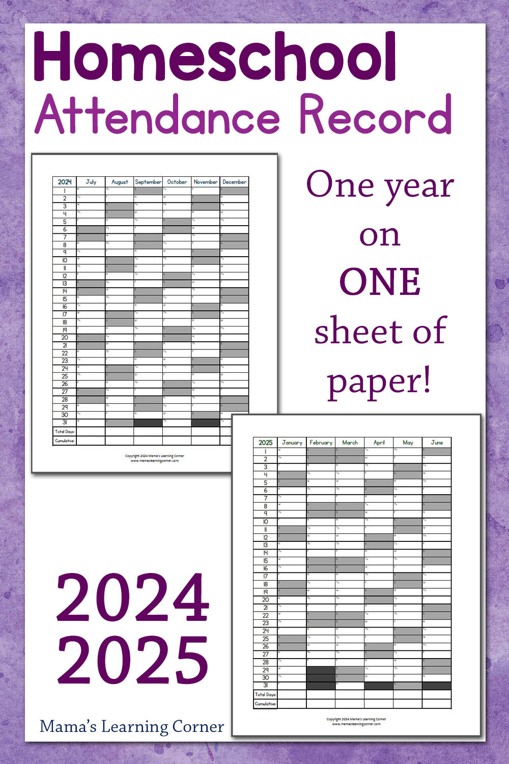 Homeschool Attendance Record 2024-2025 - Mamas Learning Corner throughout Free Printable Attendance Calendar 2025