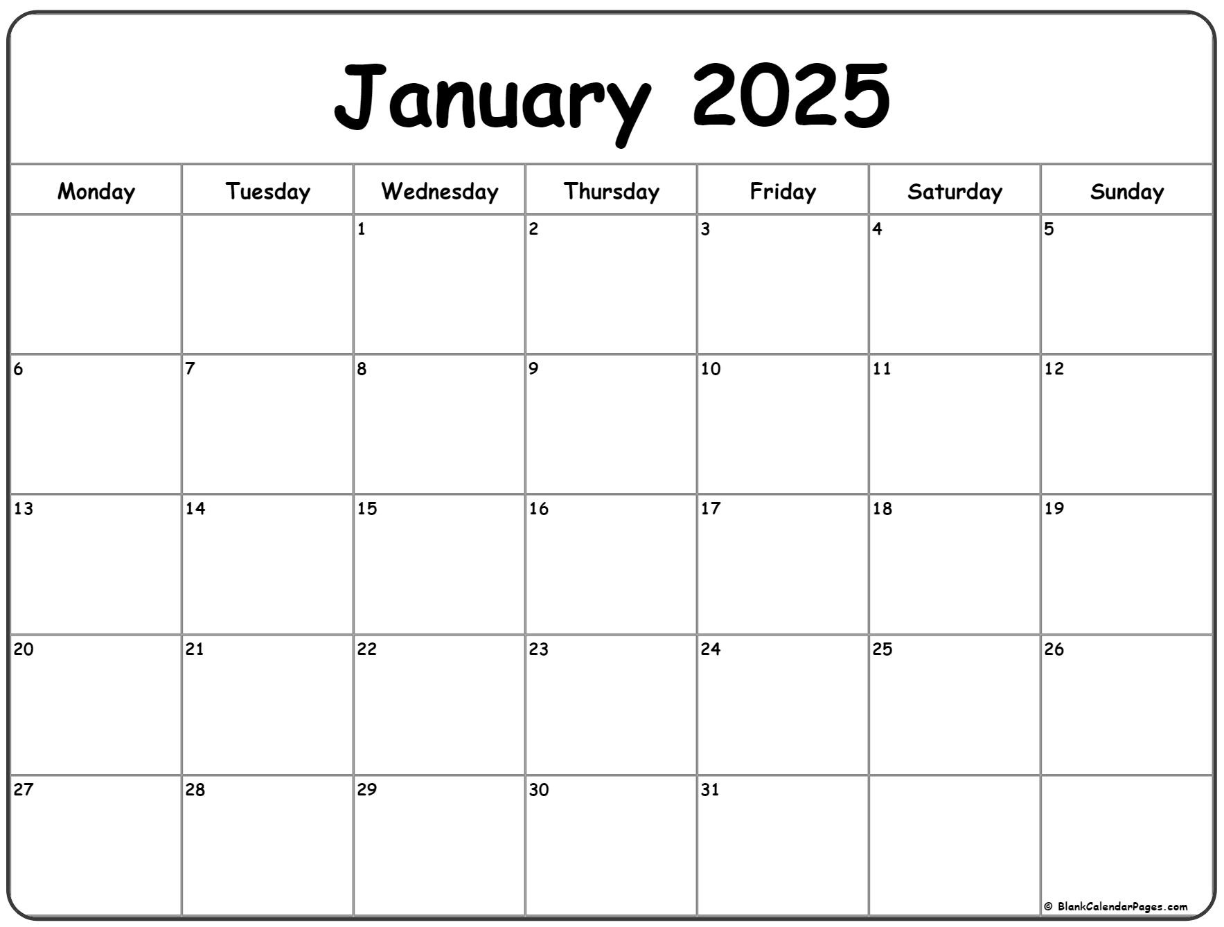 January 2025 Monday Calendar | Monday To Sunday throughout Monday to Friday Printable Calendar 2025