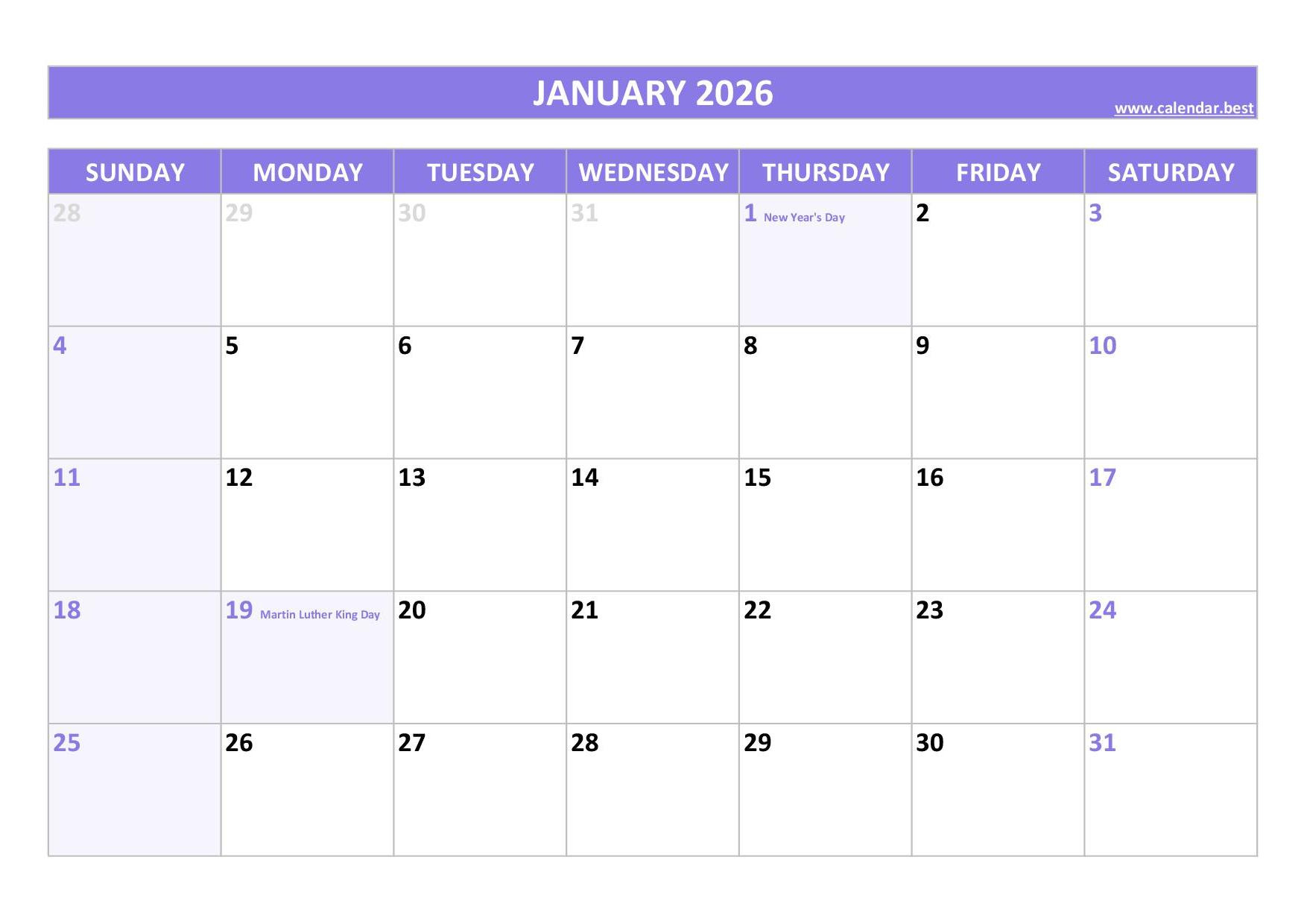 January 2026 Calendar -Calendar.best pertaining to January 2026 Calendar Printable Free Download