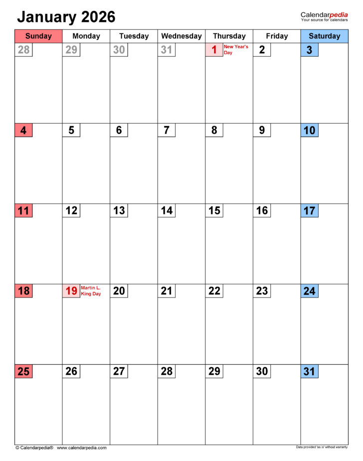 January 2026 Printable Calendar with Holidays