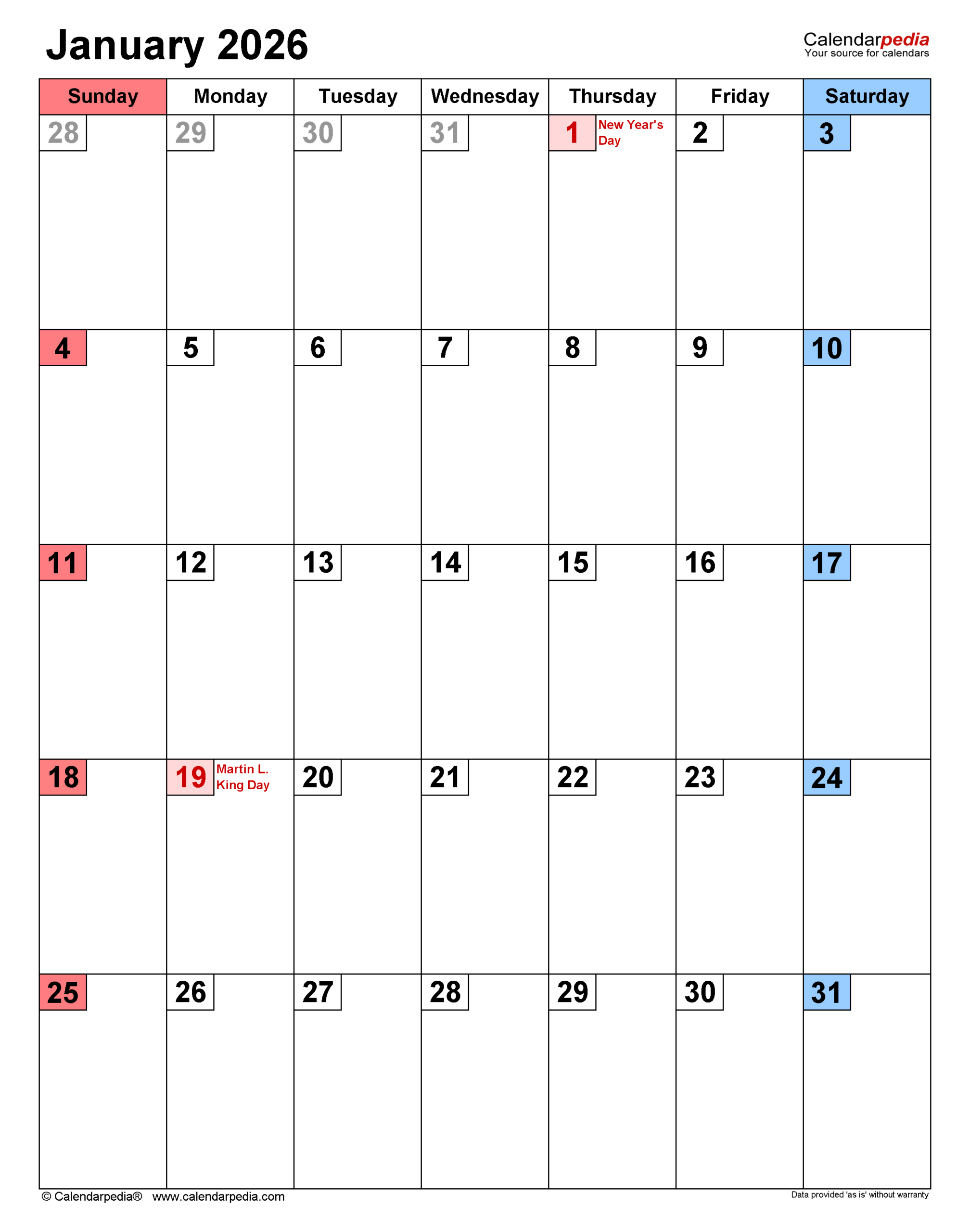 January 2026 Calendar | Templates For Word, Excel And Pdf intended for January 2026 Printable Calendar With Holidays