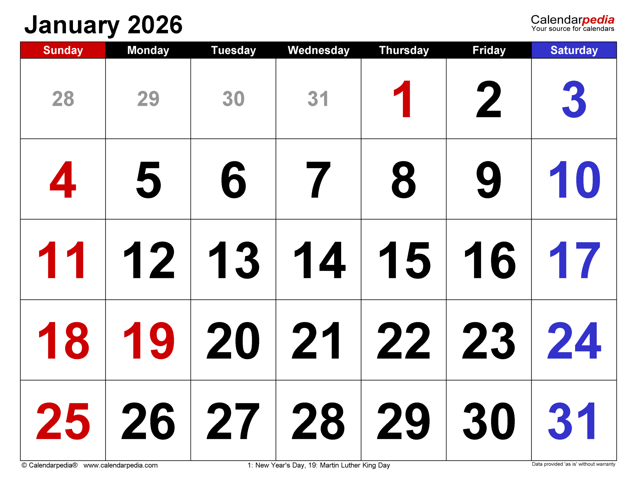 January 2026 Calendar | Templates For Word, Excel And Pdf intended for January 2026 Printable Calendar With Holidays