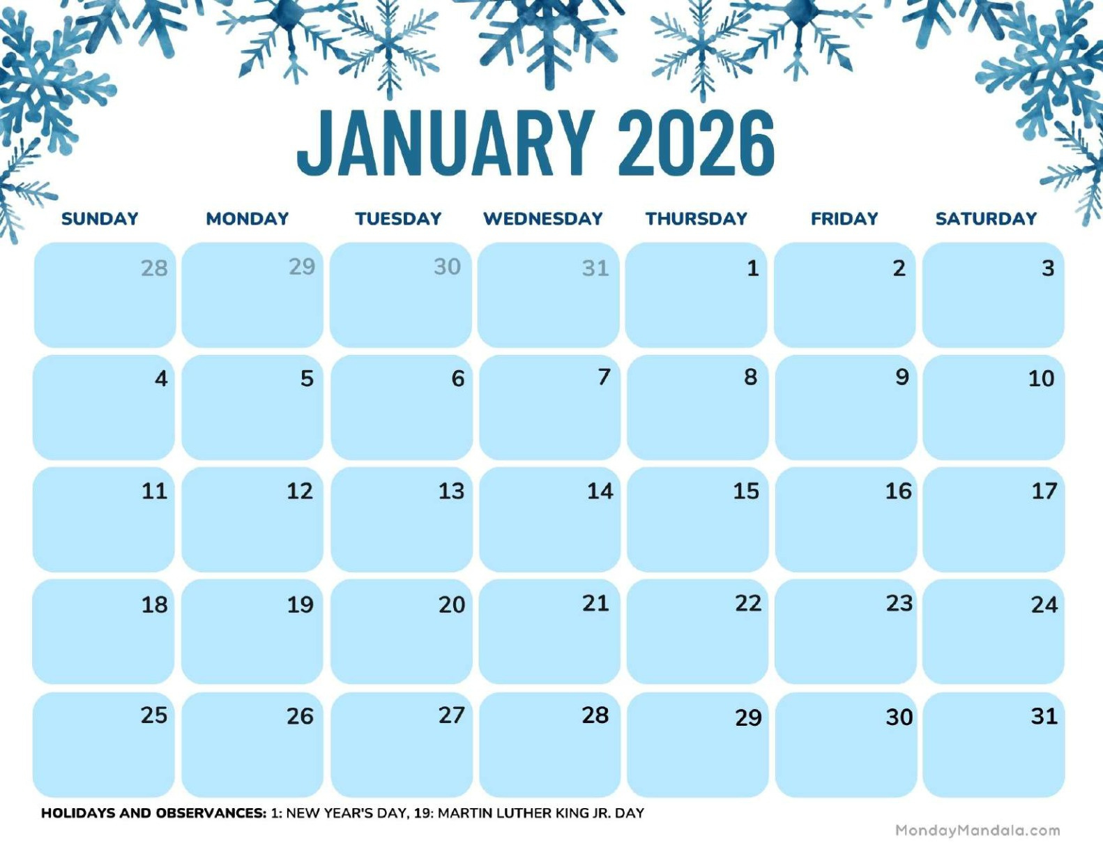 January 2026 Calendars (Free Pdf Printables) for January 2026 Calendar Printable Free Download