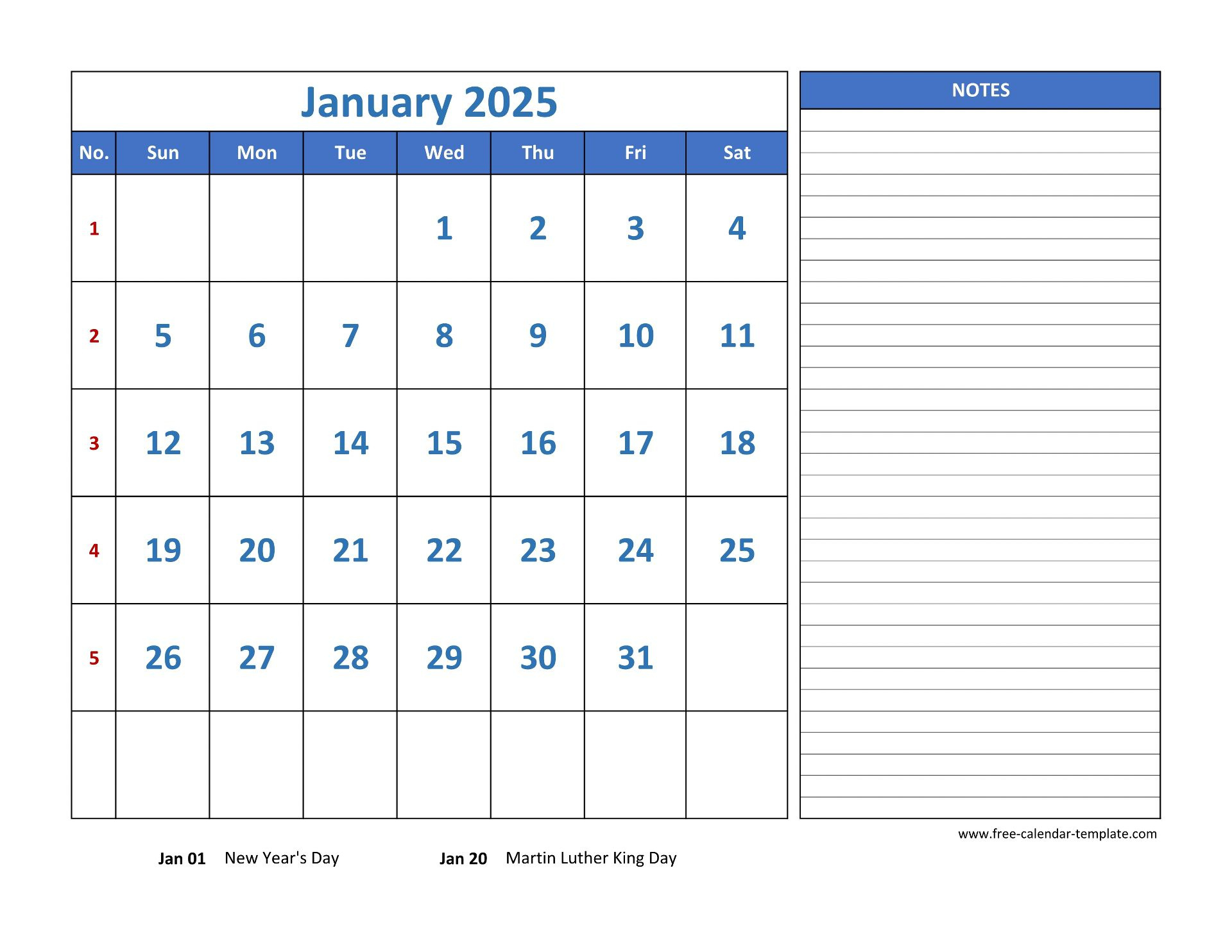 January Calendar 2025 Grid Lines For Holidays And Notes in Calendar 2025 With Lines Printable