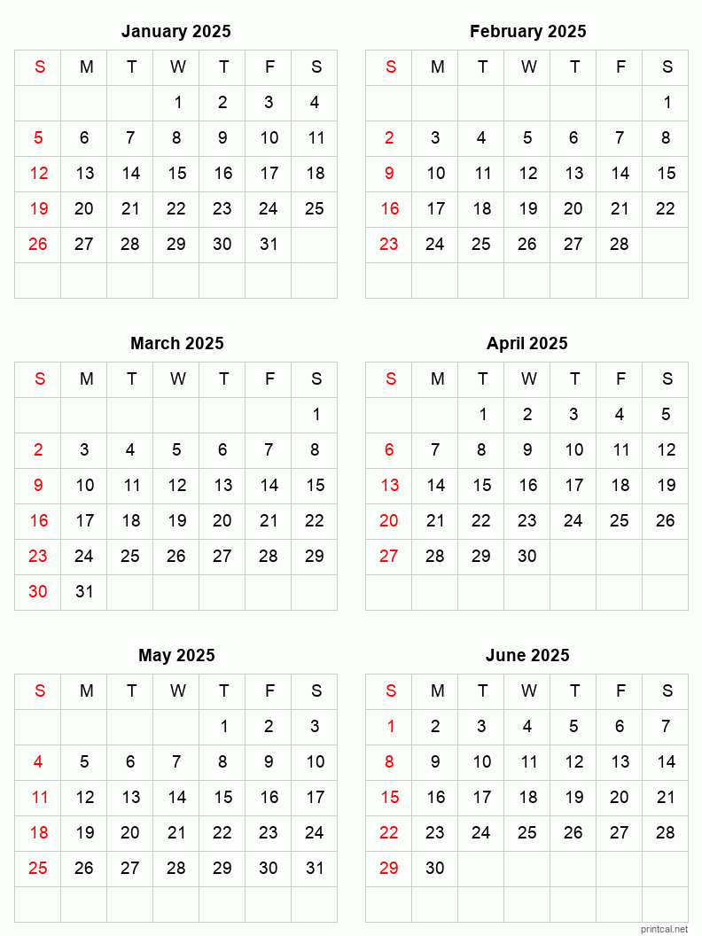 January To June 2025 Printable Calendar | Six Months Per Page throughout 6 Month Printable Calendar 2025