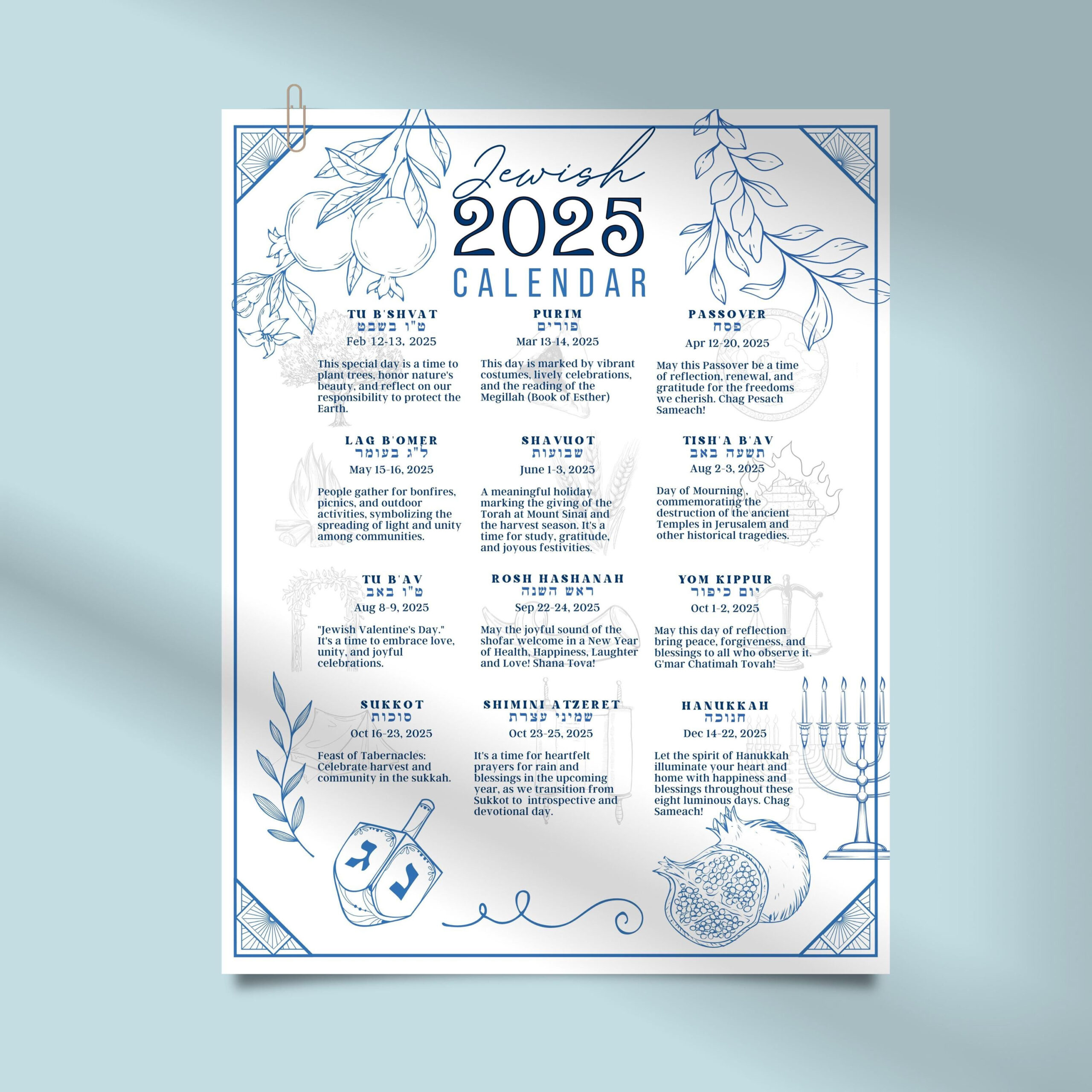 Jewish Calendar 2025 Poster Jewish Gift New Year 5785 Rosh inside Jewish Calendar 2025 with Holidays Printable