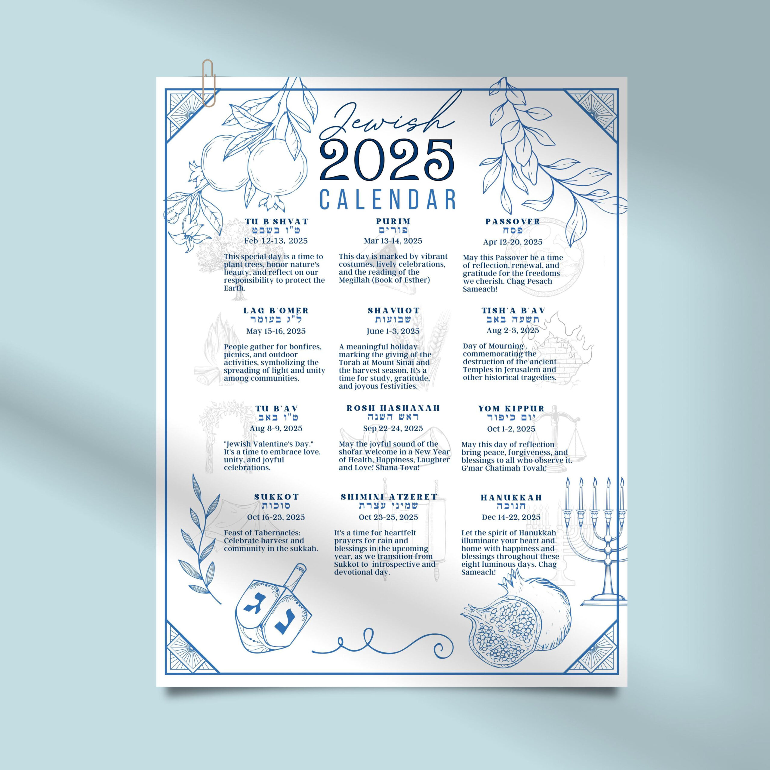 Jewish Calendar 2025 Poster Jewish Gift New Year 5785 Rosh with regard to 2025 Jewish Holiday Calendar Printable