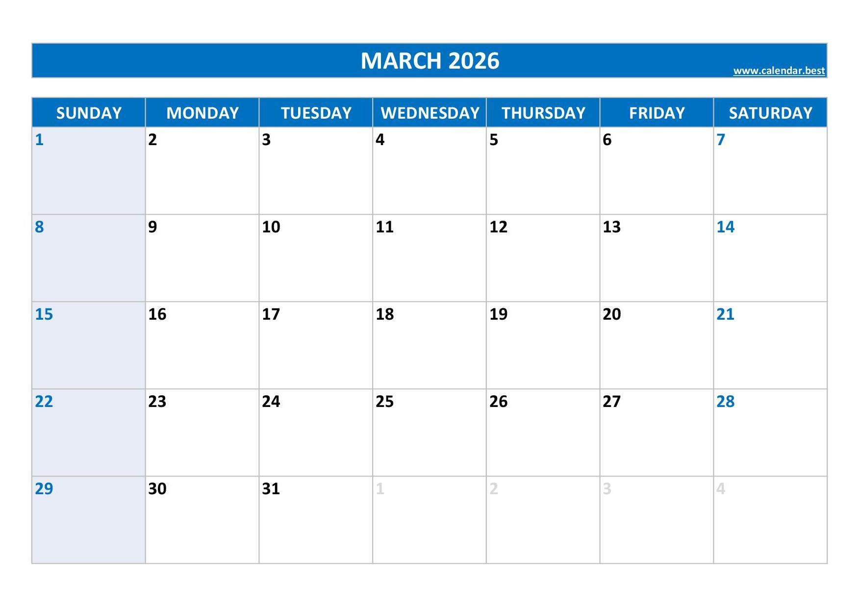 March 2026 Calendar -Calendar.best inside March 2026 Calendar with Holidays Printable