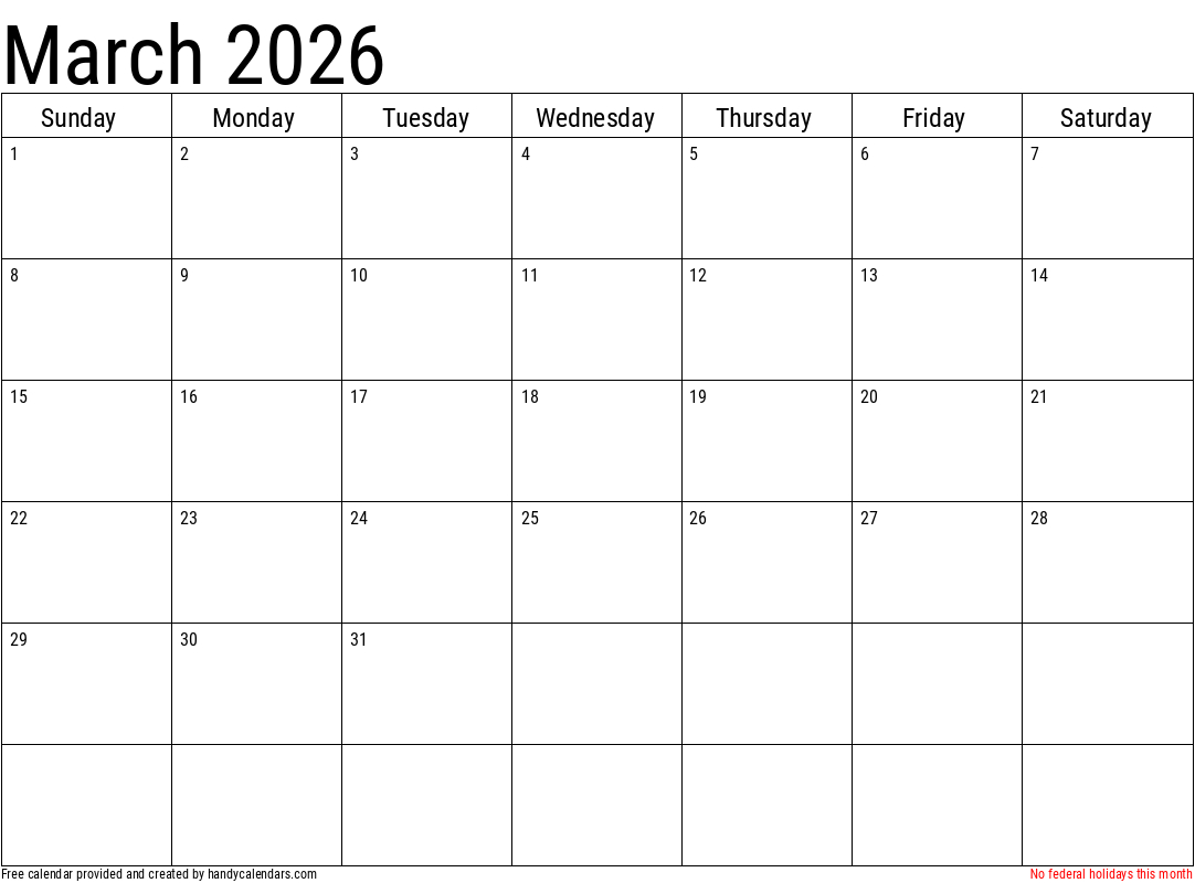 March 2026 Calendar With Holidays - Handy Calendars regarding March 2026 Calendar with Holidays Printable