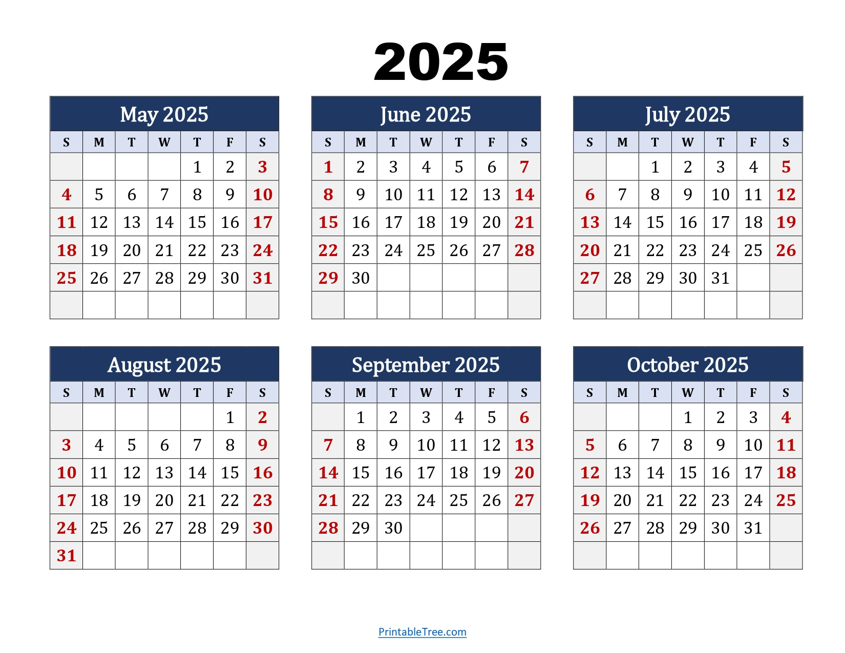 May To October 2025 Calendar Printable Pdf | Six Months Calendar in Six Month Printable Calendar 2025