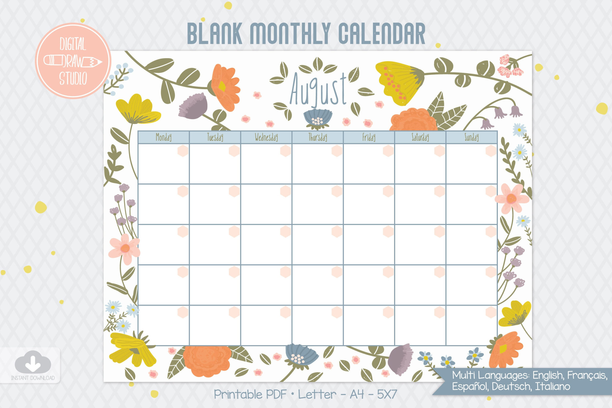 Monatskalender Floral Buchstabe, A4 &amp;amp; 5X7 Größe Organizer Druckbar with 5 X 7 Printable Monthly Calendar