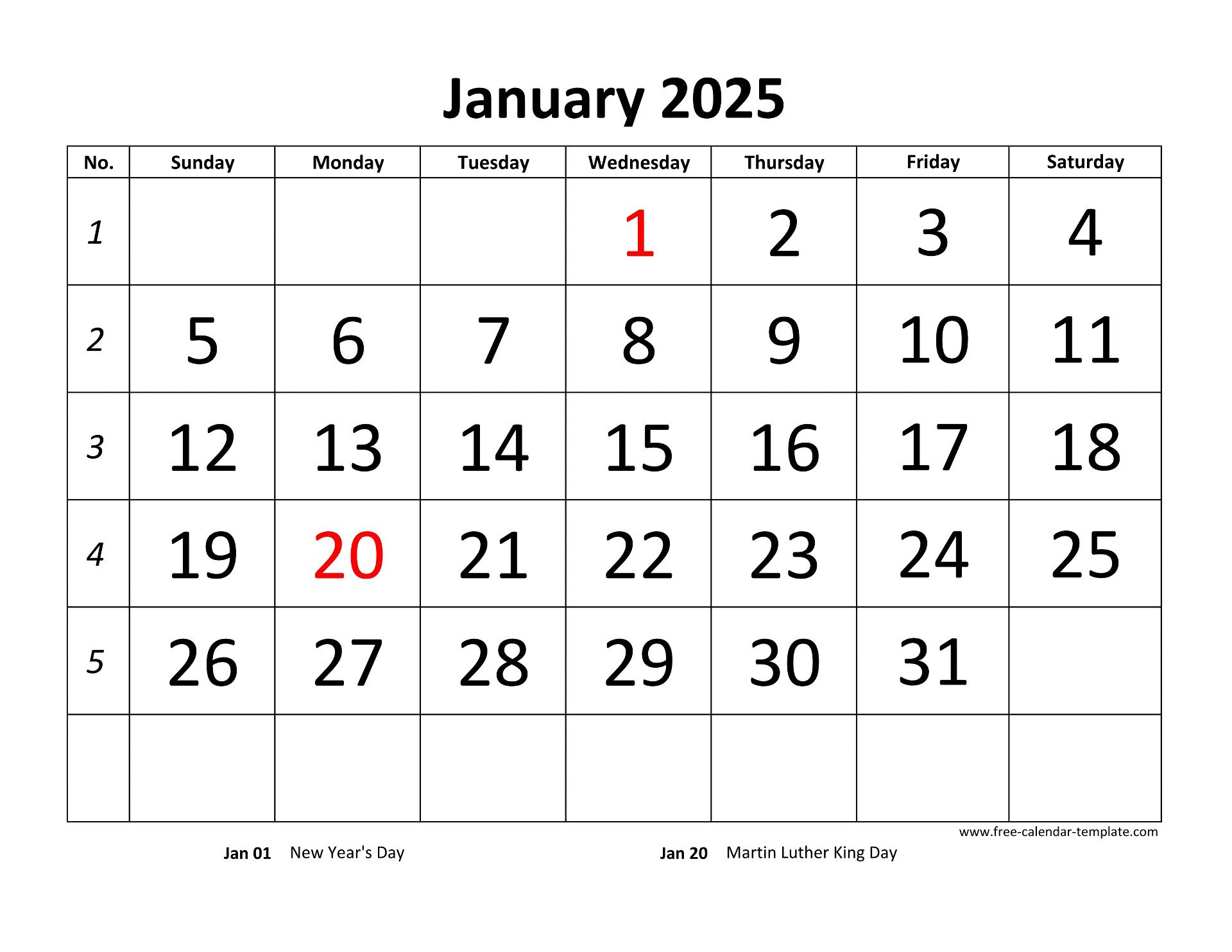 Monthly 2025 Calendar Designed With Large Font (Horizontal) | Free inside 2025 Calendar Months Printable