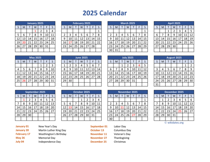 Printable Calendar 2025 with US Holidays