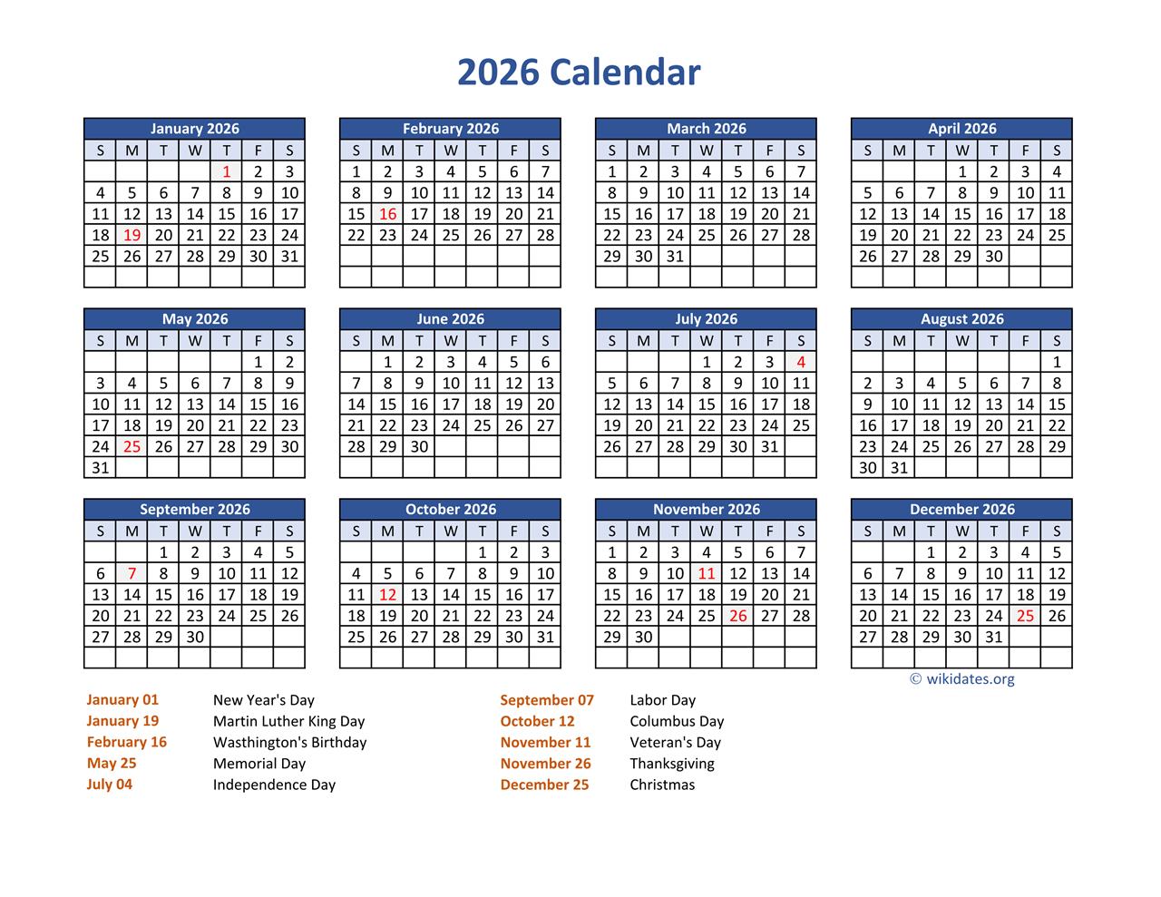 Pdf Calendar 2026 With Federal Holidays | Wikidates for 2026 Calendar with Federal Holidays Printable