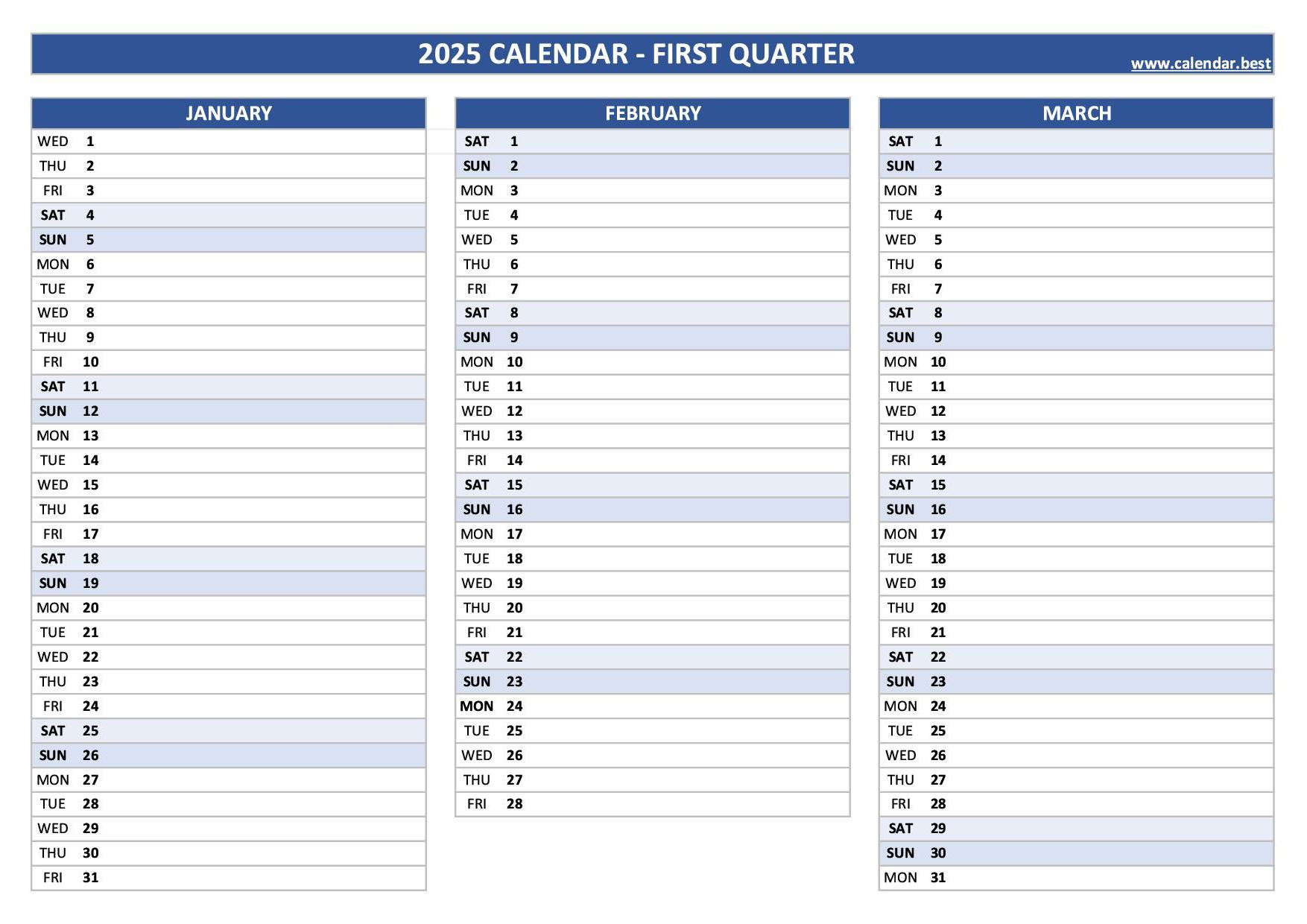 Printable 1St Quarter 2025 Calendar within 2025 Q1 Calendar Printable