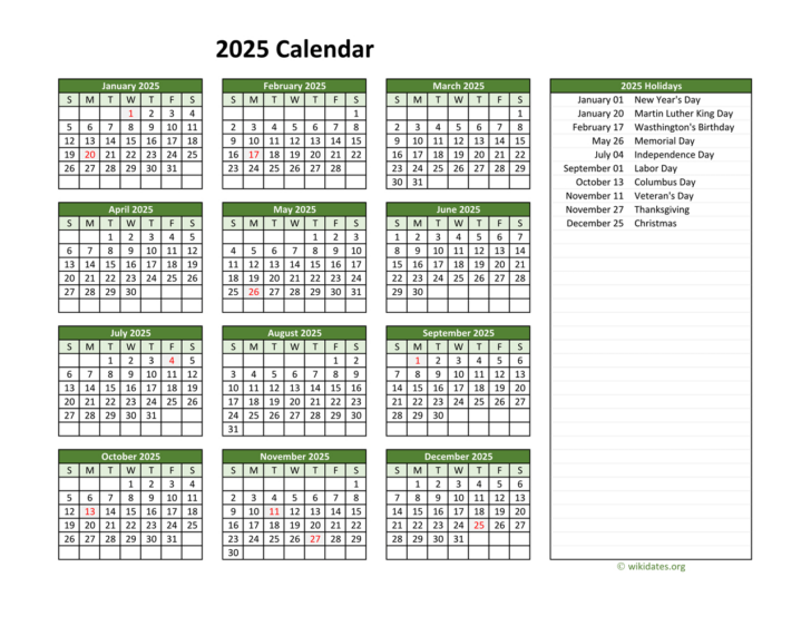 2025 Calendar with Federal Holidays Printable Free