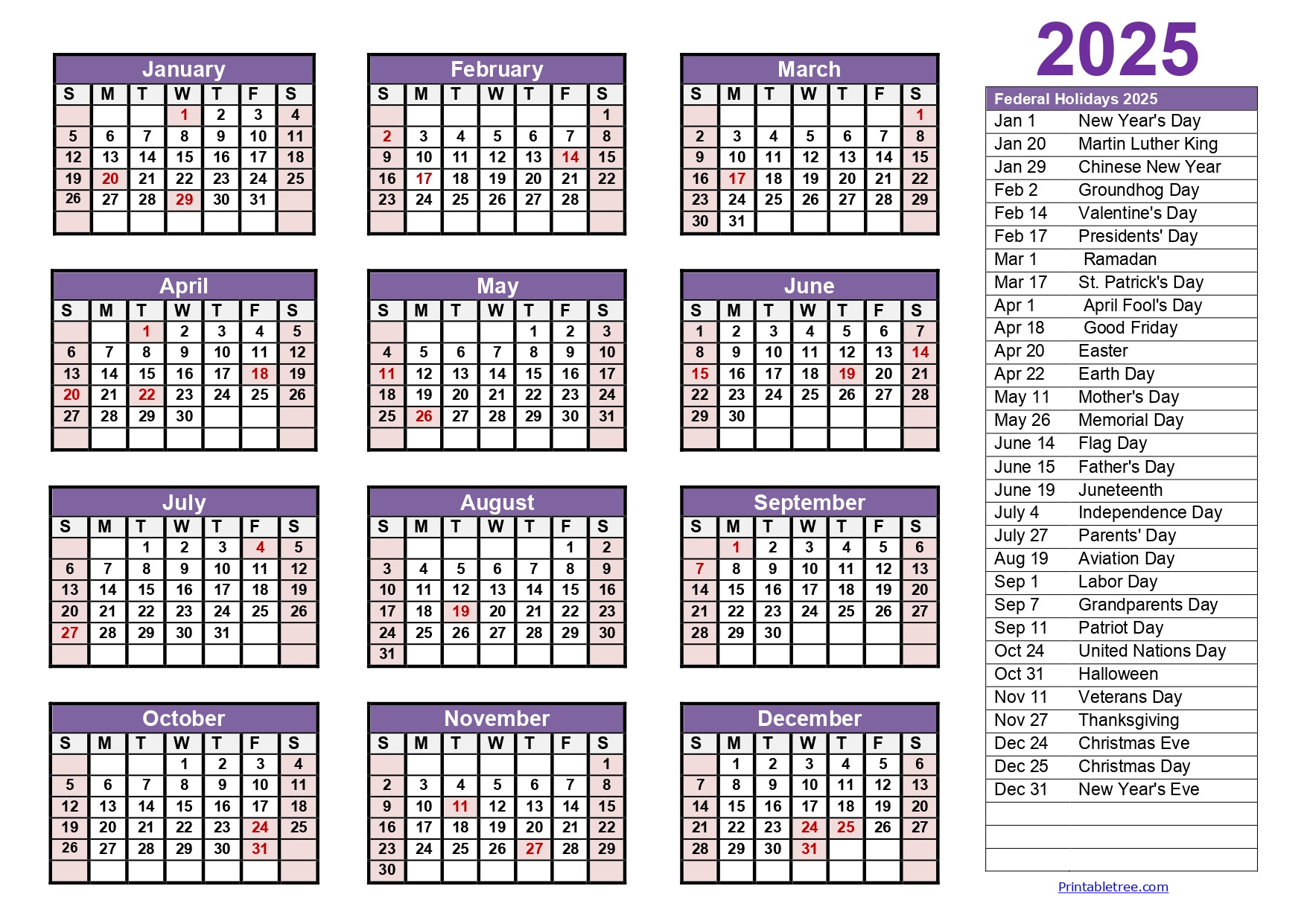 Printable Calendar 2025 One Page With Holidays (Single Page) 2025 for 2025 Calendar 2025 Printable with Holidays