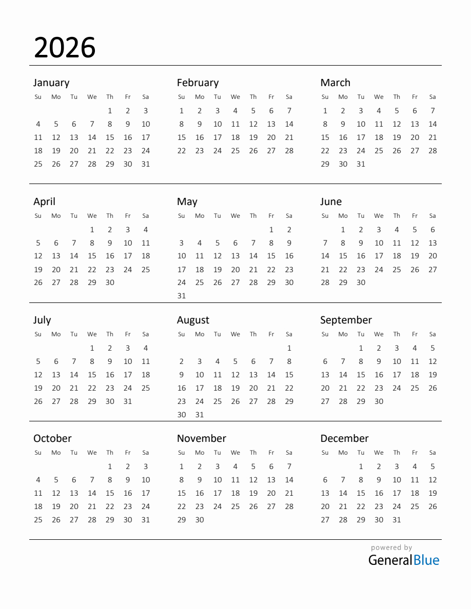 Printable Calendar For 2026 for Printable Calendar 2026 Monthly