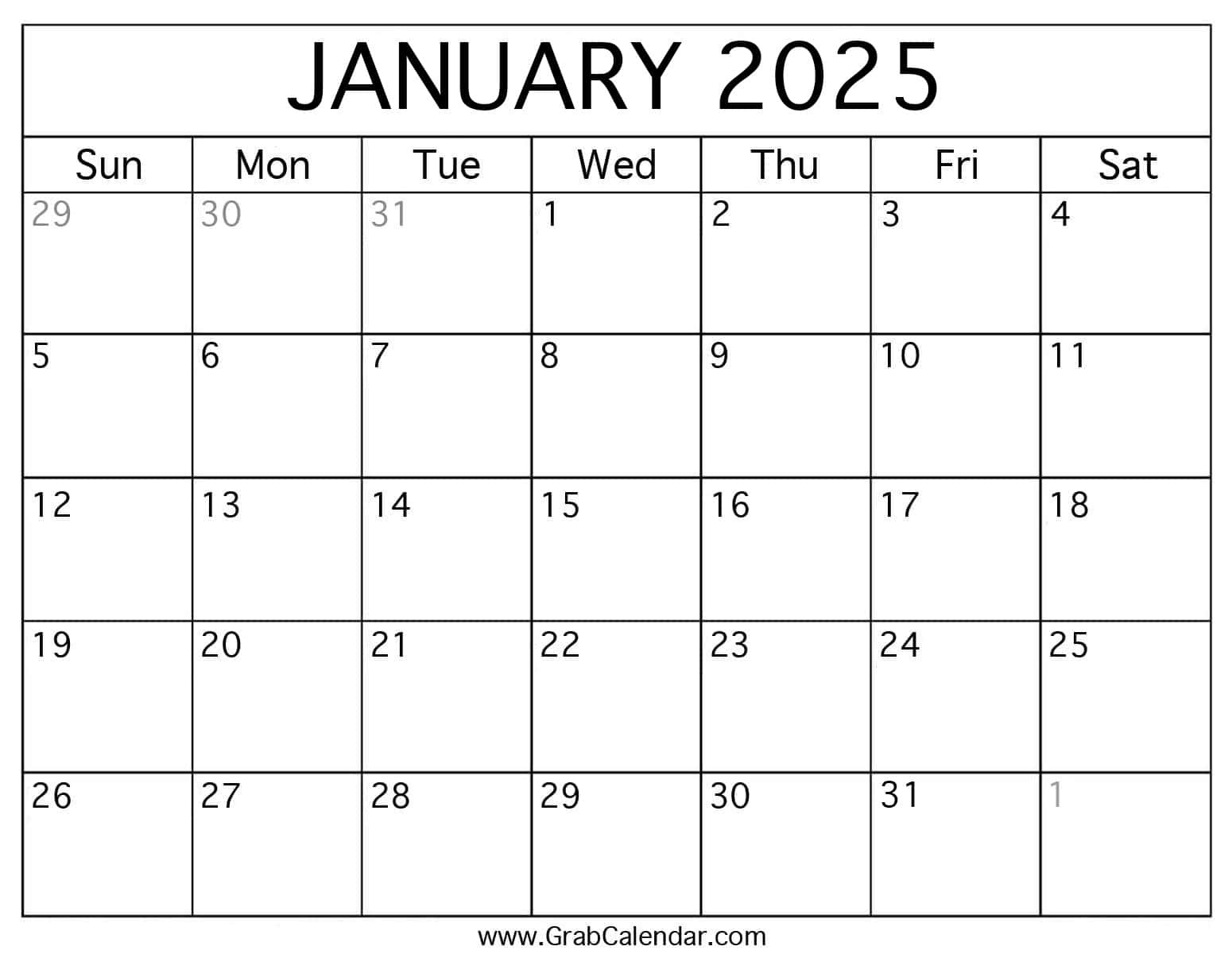 Printable January 2025 Calendar for A Printable Calendar January 2025