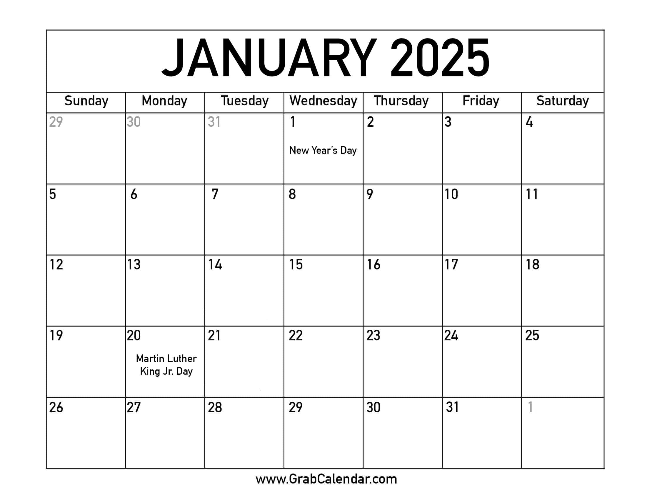 Printable January 2025 Calendar in 2025 Monthly Calendar Printable with Holidays Printable Free