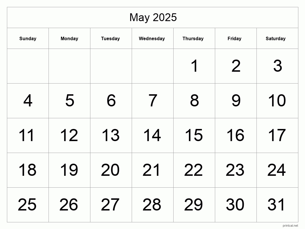 Printable May 2025 Calendar - Big Dates regarding 2025 Calendar Blank Printable